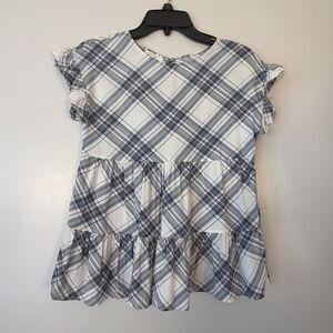Maurices Cottagecore Plaid Tiered Blouse Blue White Flutter Sleeve Babydoll XS